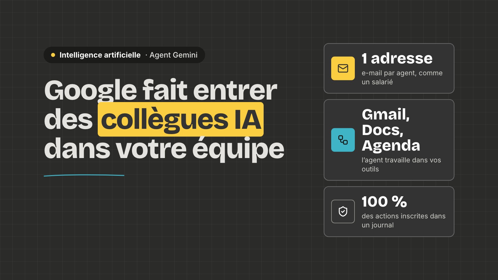 Visuel aux couleurs de l’École de la Toile : « Google fait entrer des collègues IA dans votre équipe », avec trois chiffres clés sur l’agent Gemini