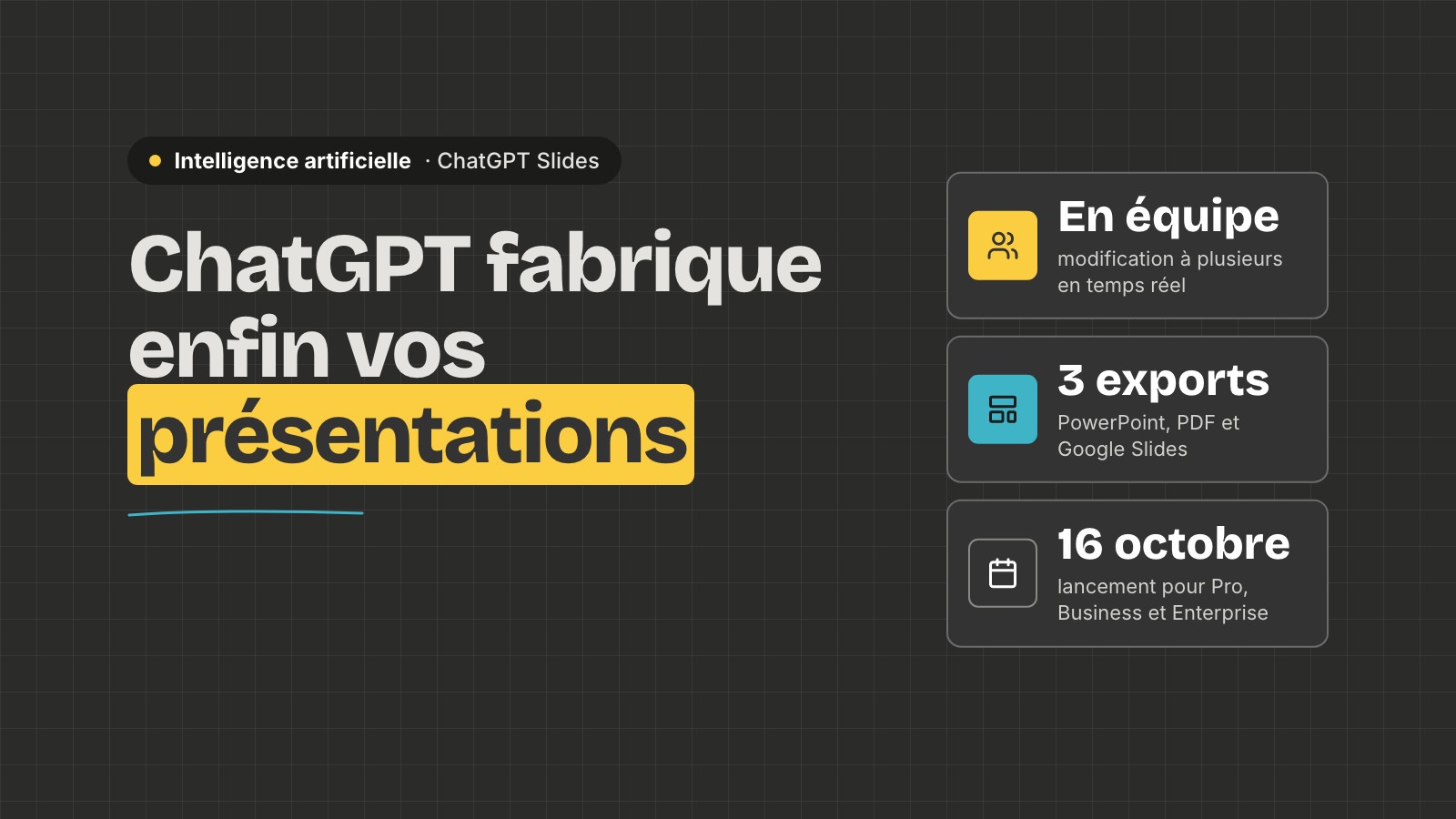 Visuel aux couleurs de l’École de la Toile : « ChatGPT fabrique enfin vos présentations », avec trois points clés sur ChatGPT Slides