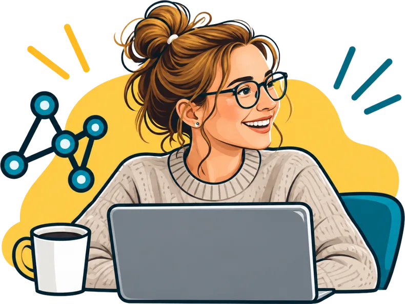 Une femme à lunettes devant son écran, un schéma de réseau et une tasse de café à côté d’elle.