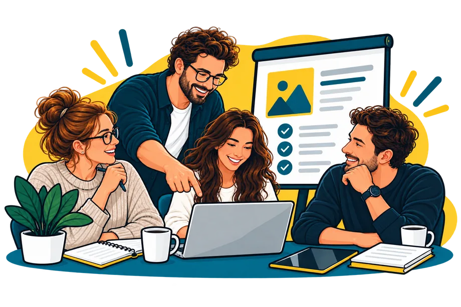 Quatre collègues réunis autour d'une table de travail, un paperboard derrière eux.