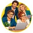 Quatre personnes dessinées réunies autour d’un ordinateur portable, dans un médaillon rond.