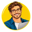 Portrait dessiné d’un homme brun à lunettes, un ordinateur portable devant lui, dans un médaillon rond.